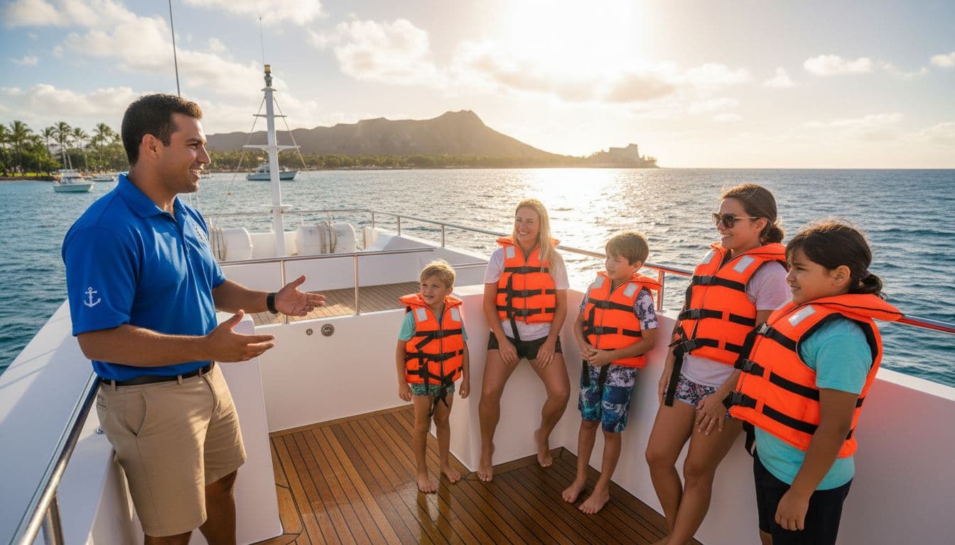 A friendly crew member on the upper deck of a double-decker boat at Kewalo Basin Harbor, Waikiki, explains safety rules to six excited first-time guests in life jackets, with sunny morning light, ocean, and Diamond Head in the distance.