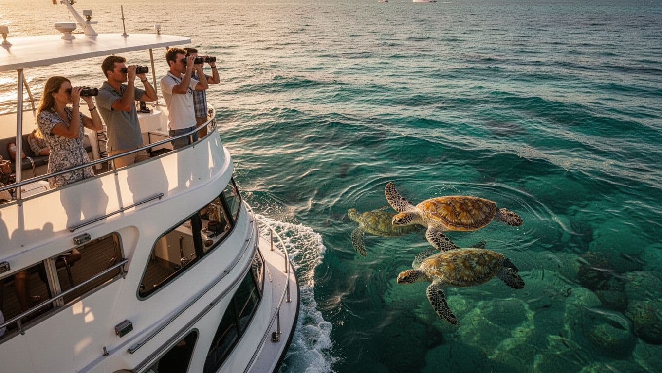 Double-decker tour boat cruises turquoise waters off Waikiki Beach with two green sea turtles visible below; four guests observe from upper deck with binoculars.