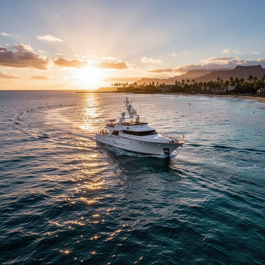 A lone boat sails on deep blue water near the Waikiki coastline during a golden sunrise.