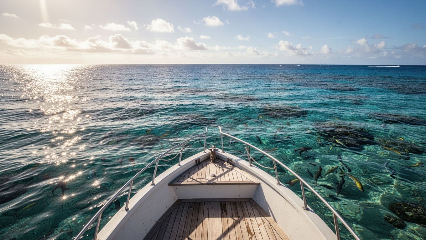 A single wooden boat drifts across the vibrant turquoise waters off the Hawaiian coastline. Bright sunlight illuminates the ocean surface under a clear sky, revealing deep blue depths near the horizon.