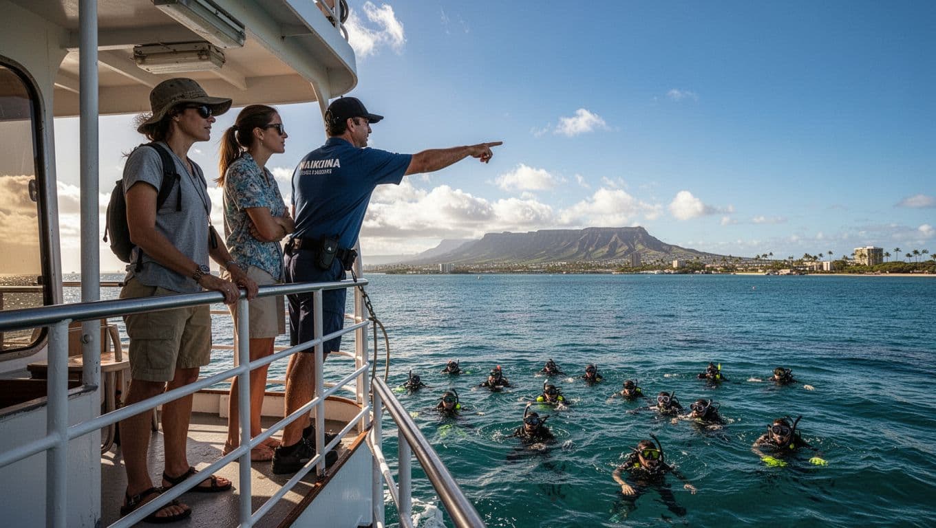 Four relaxed tourists and one crew member on the deck of a double-decker boat in Waikiki waters observe snorkelers below, with a crew member pointing from the railing and distant Oahu coastline under a sunny blue sky.