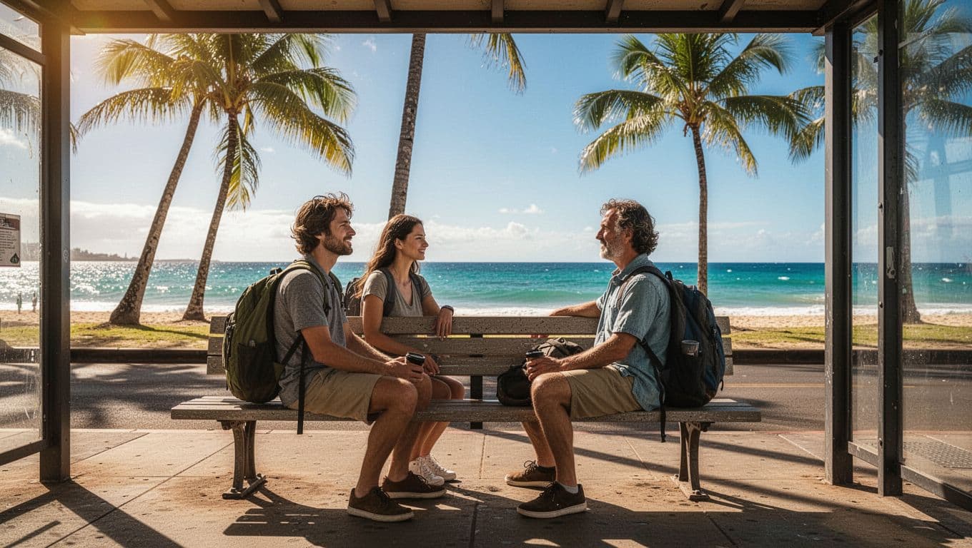 Two relaxed people wait at a public bus stop in sunny Waikiki, Honolulu, for TheBus routes 19 or 20 to Ala Moana and Kewalo Basin snorkel tours, with palm trees, beach, and ocean in a vibrant tropical cinematic scene.