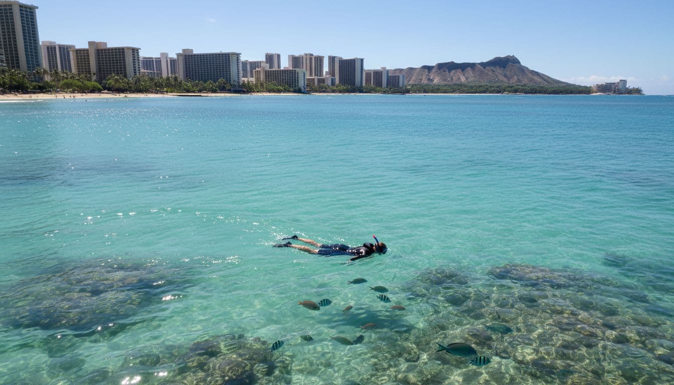 Crystal clear calm turquoise ocean waters off Waikiki Beach feature a snorkeler viewing an underwater reef, with sunlight sparkling, distant shoreline, high rises, and Diamond Head volcano in the background.