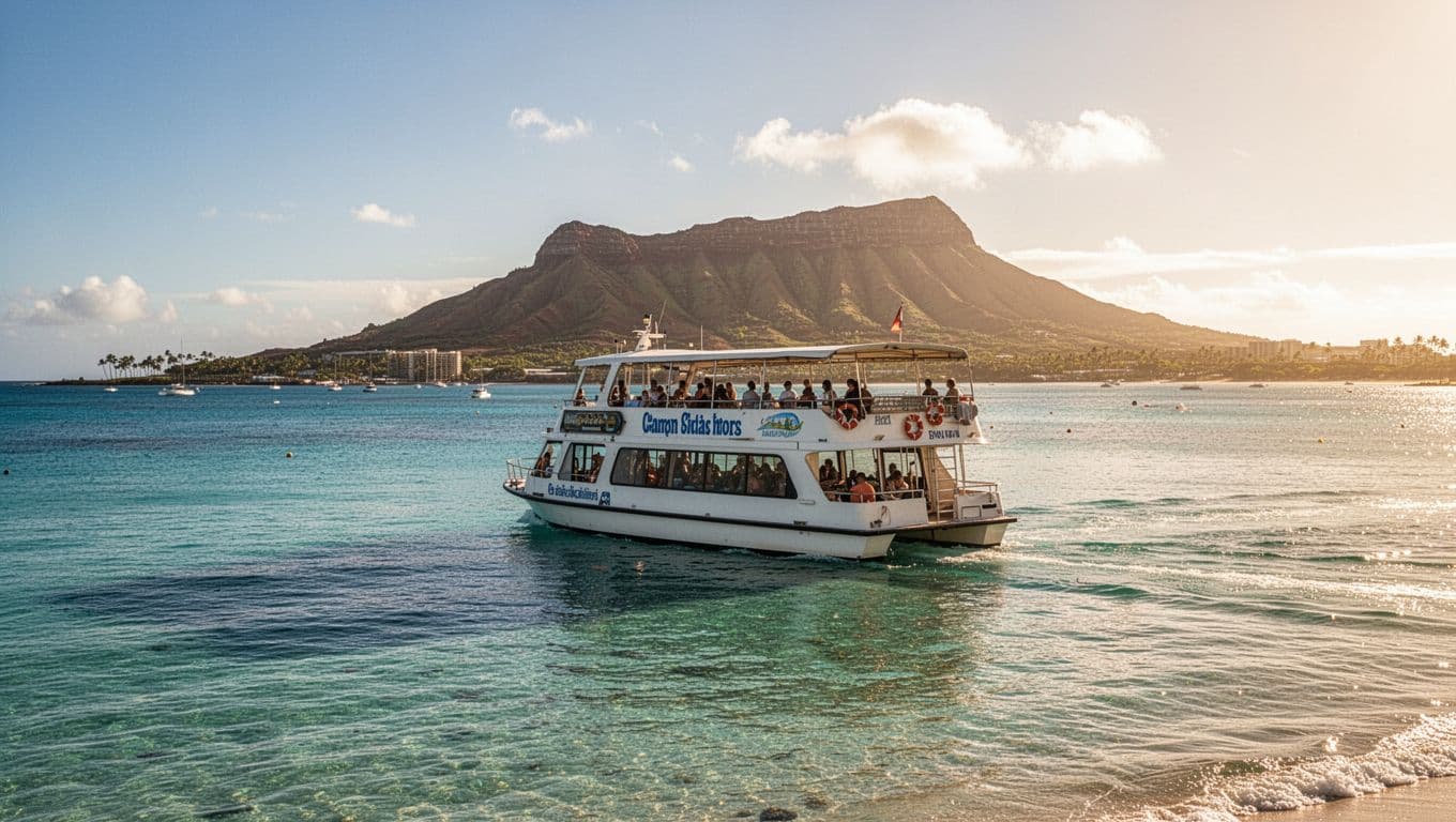 Crystal clear calm turquoise ocean waters off Waikiki Beach feature a double-decker tour boat cruising near shore under a sunny sky, with Diamond Head volcano in the distance.