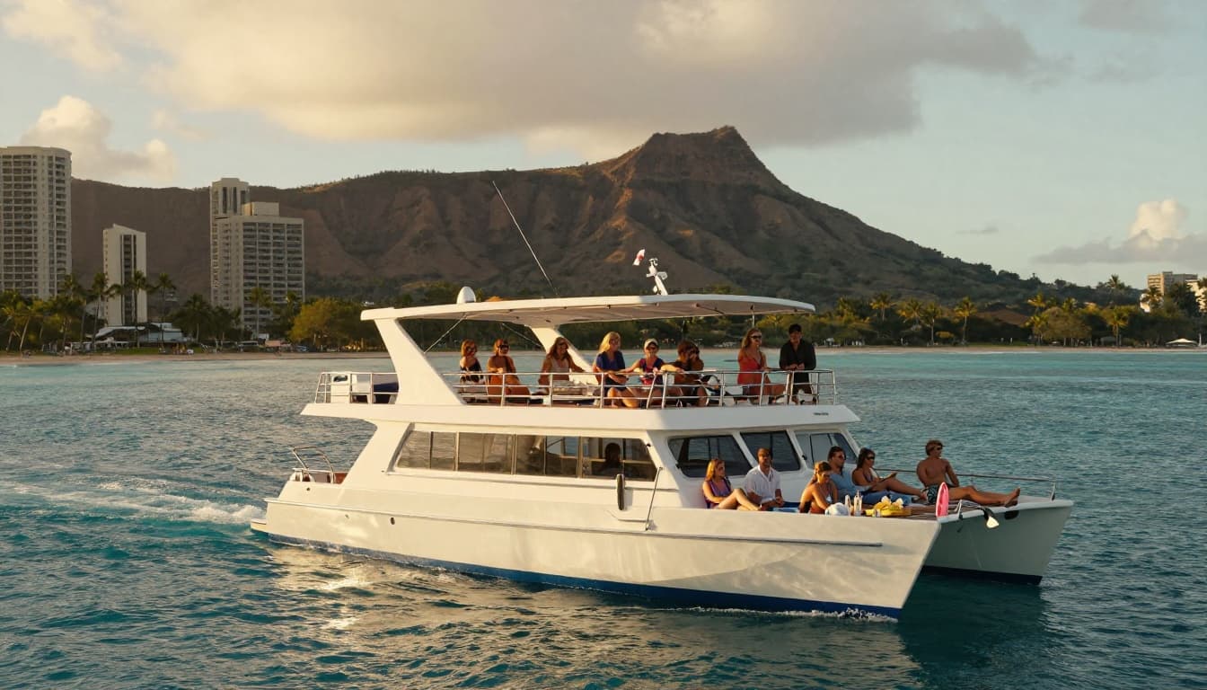 Double-decker catamaran glides turquoise ocean off Waikiki Beach, Diamond Head in background; families and couples relax on upper deck with snacks.
