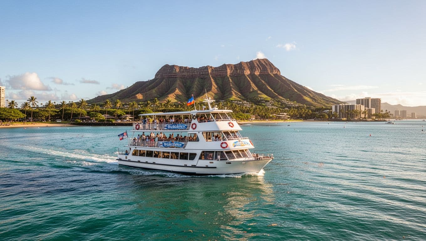 A spacious double-decker boat cruises across calm turquoise waters near the Waikiki shoreline. The iconic Diamond Head volcanic crater stands prominently under a bright, clear afternoon sky in the background.