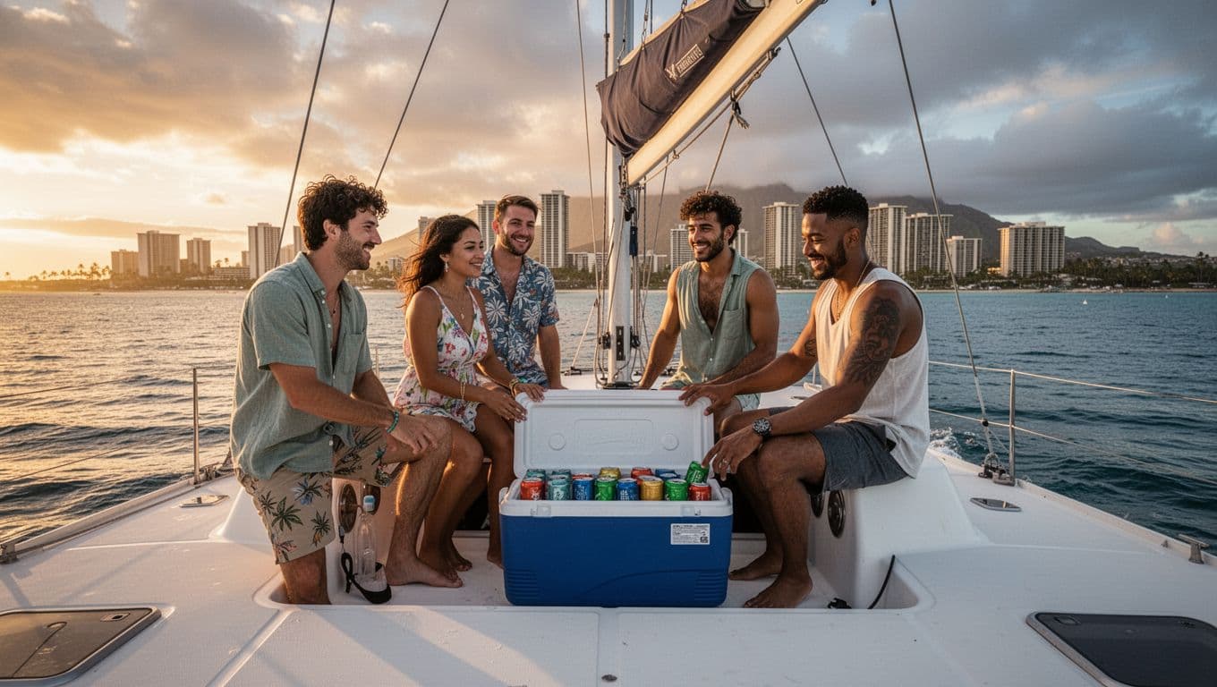 Four friends place cooler of beers and sodas on catamaran deck off Oahu, Waikiki skyline distant.