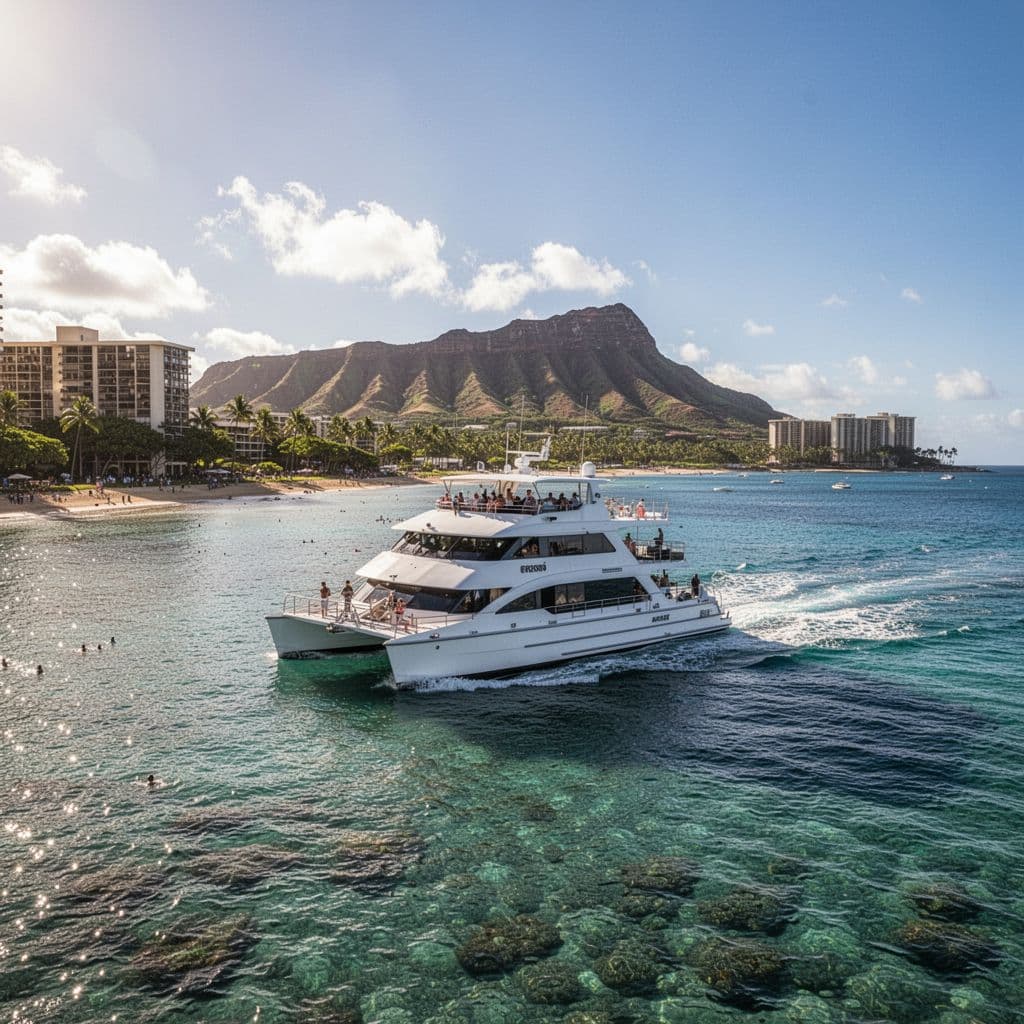 A spacious blue and white double-decker catamaran glides across the vibrant turquoise waters of Waikiki. The iconic Diamond Head crater looms majestically in the sunny background under a clear sky.