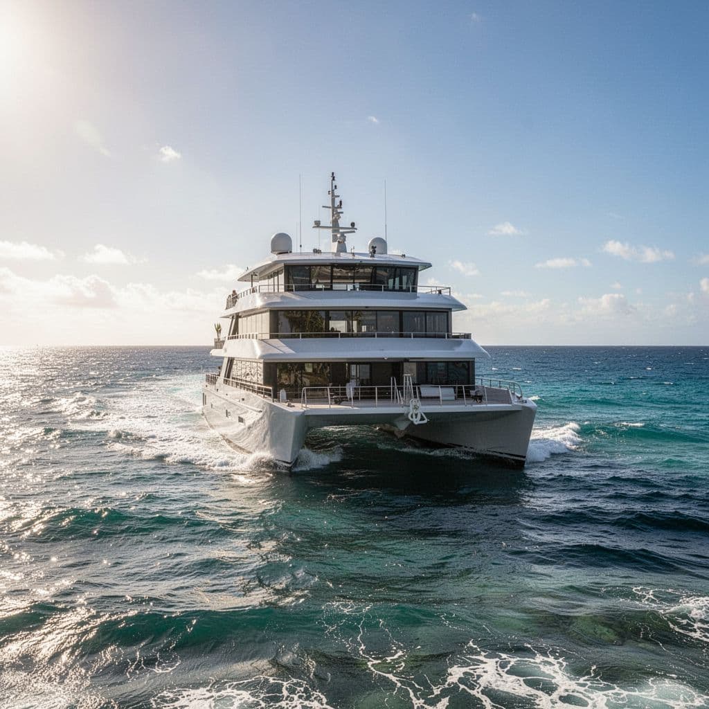 A modern double-decker catamaran cruises away from the Waikiki coastline into the open ocean.