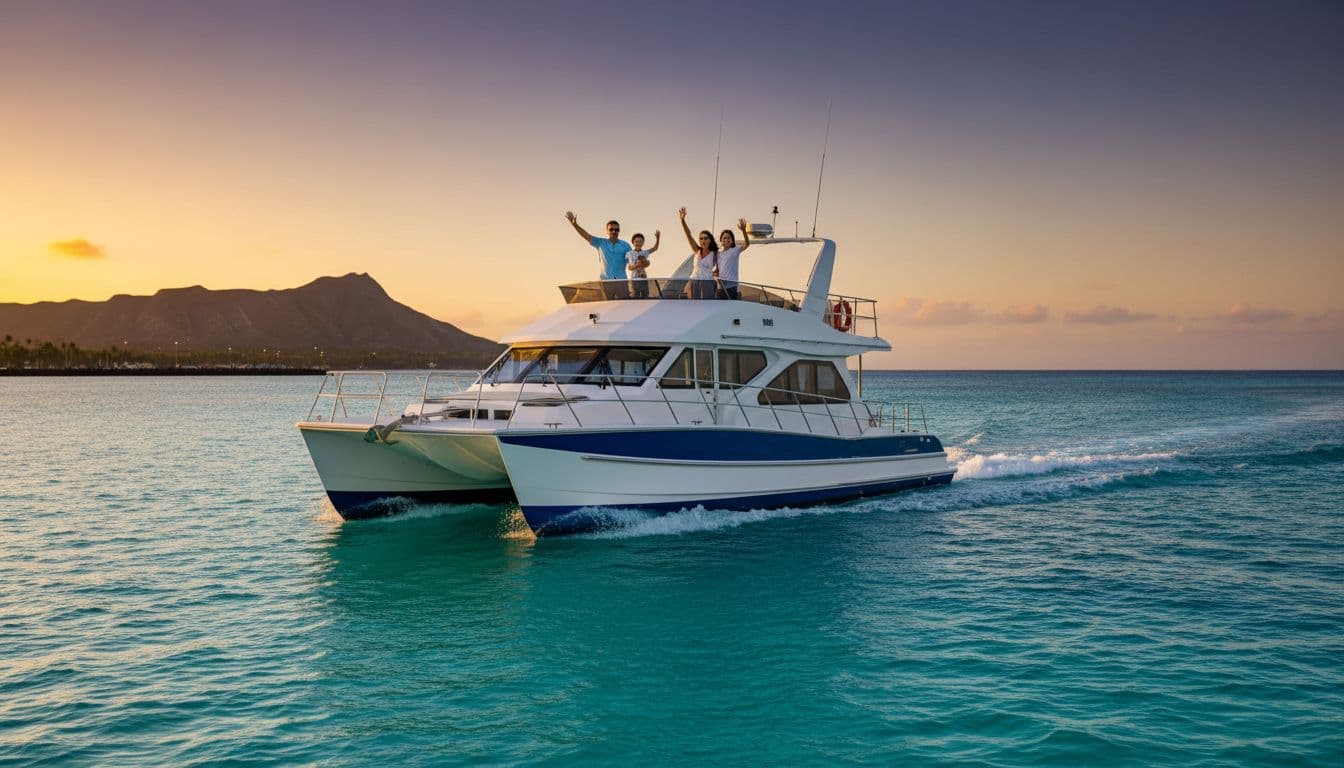 Double-decker catamaran departs Kewalo Basin Harbor near Waikiki, family of four waves from upper deck, Diamond Head in background.