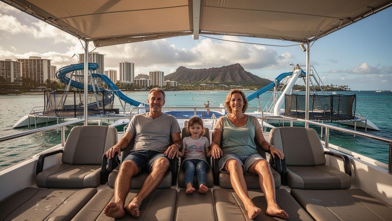 Upper deck of a Coast Guard inspected double-decker catamaran cruising calm turquoise Waikiki waters with a small family of two adults and one child relaxing in shaded seats, ocean breeze, distant Honolulu skyline and Diamond Head.