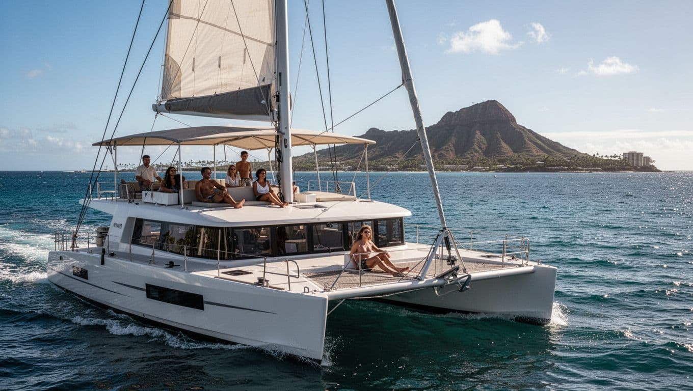 Two-decker catamaran cruises off Waikiki with shaded seating areas and relaxed people, Diamond Head in distance.