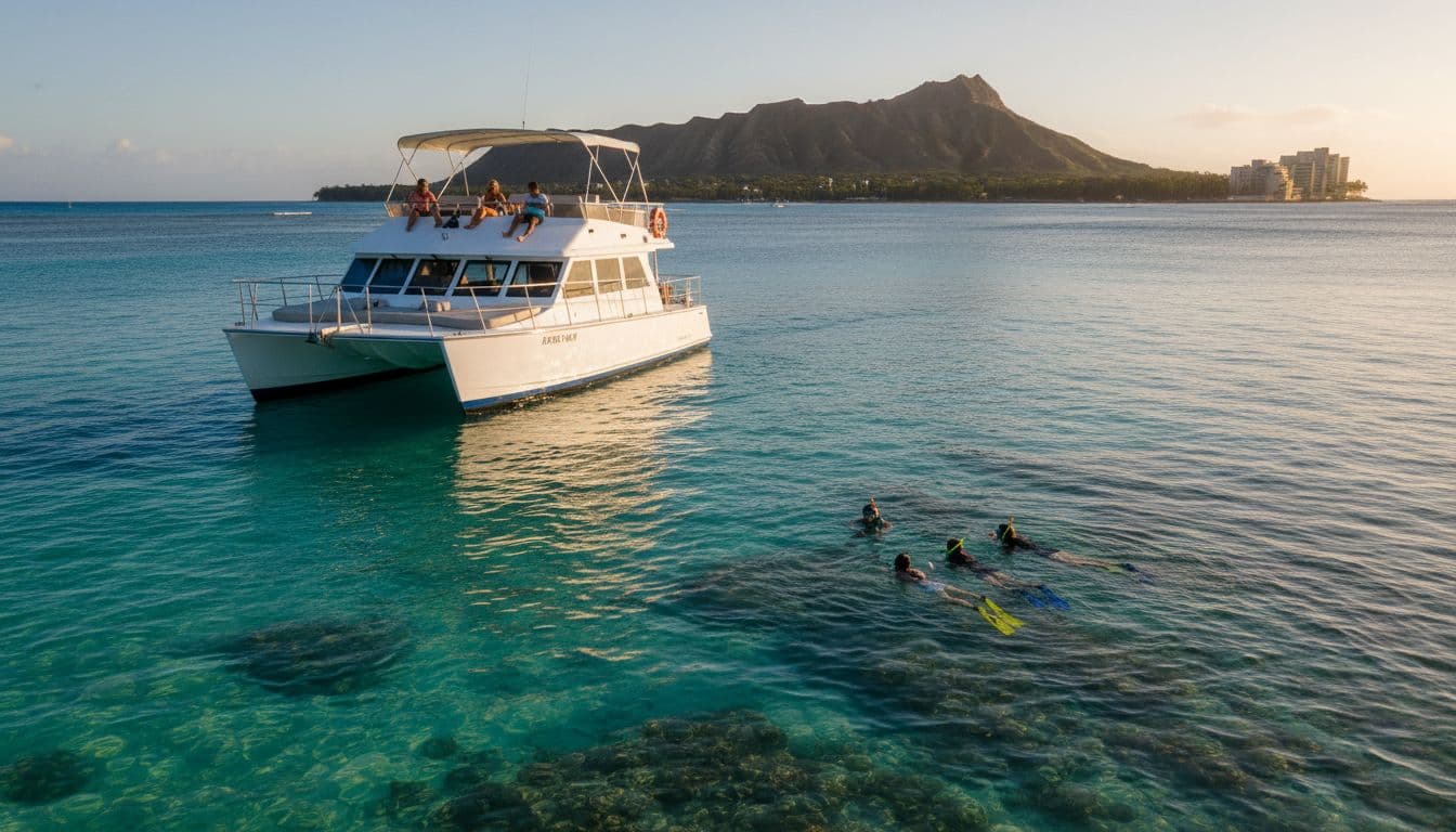 Double-decker catamaran glides over turquoise waters near Waikiki Beach, snorkelers in nearby reef, Diamond Head in background.