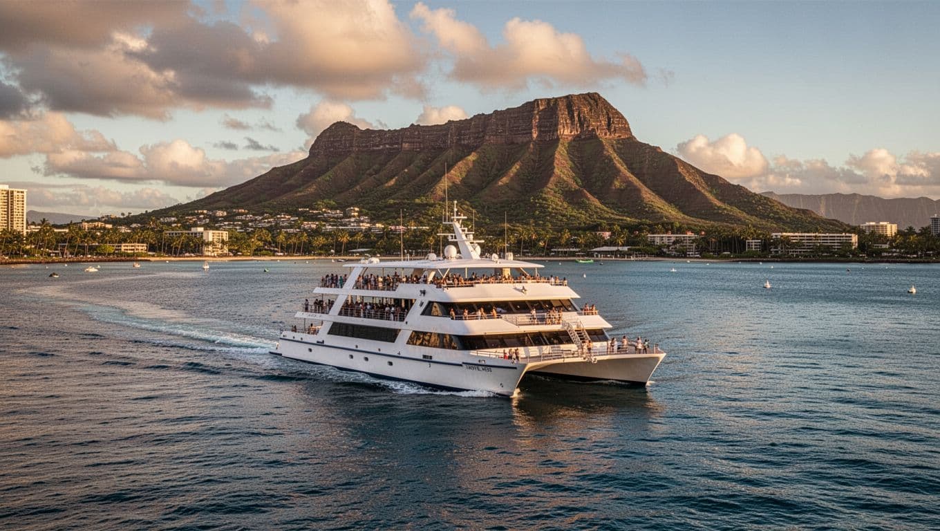 A double-decker catamaran glides across calm turquoise waters near Waikiki beach. The volcanic Diamond Head crater towers in the distance under a warm, golden sunset sky during the late afternoon.
