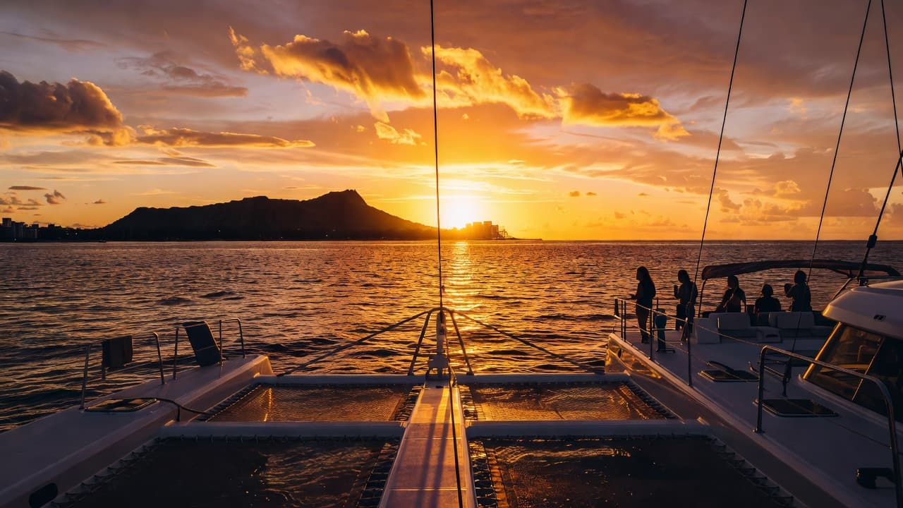 A view from a catamaran deck looks across the Pacific Ocean at a golden sunset. In the far distance, the dark silhouette of Diamond Head stands against the glowing horizon sky.