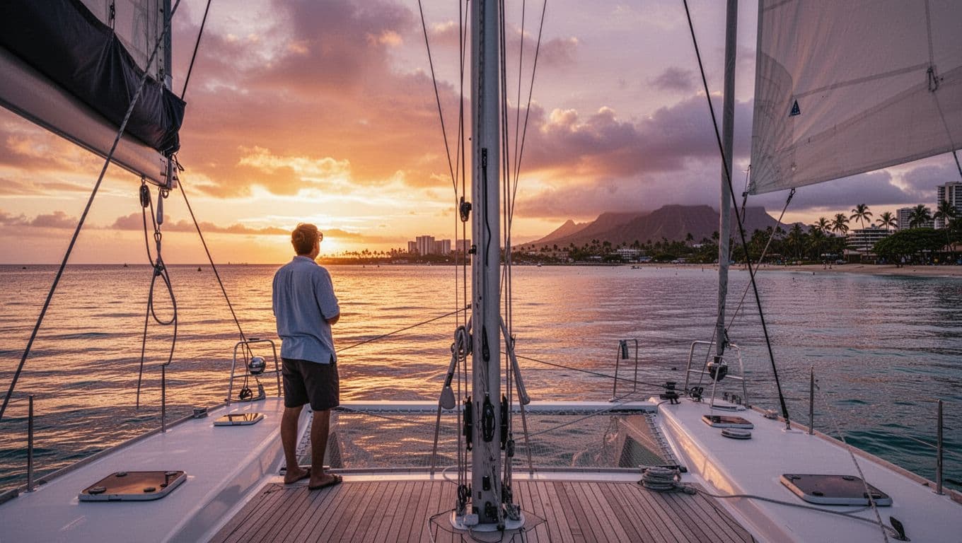 The golden hour light casts long shadows across the catamaran deck as the Waikiki coastline glows in the distance. Purple and orange sky colors reflect beautifully upon the gentle rolling ocean.
