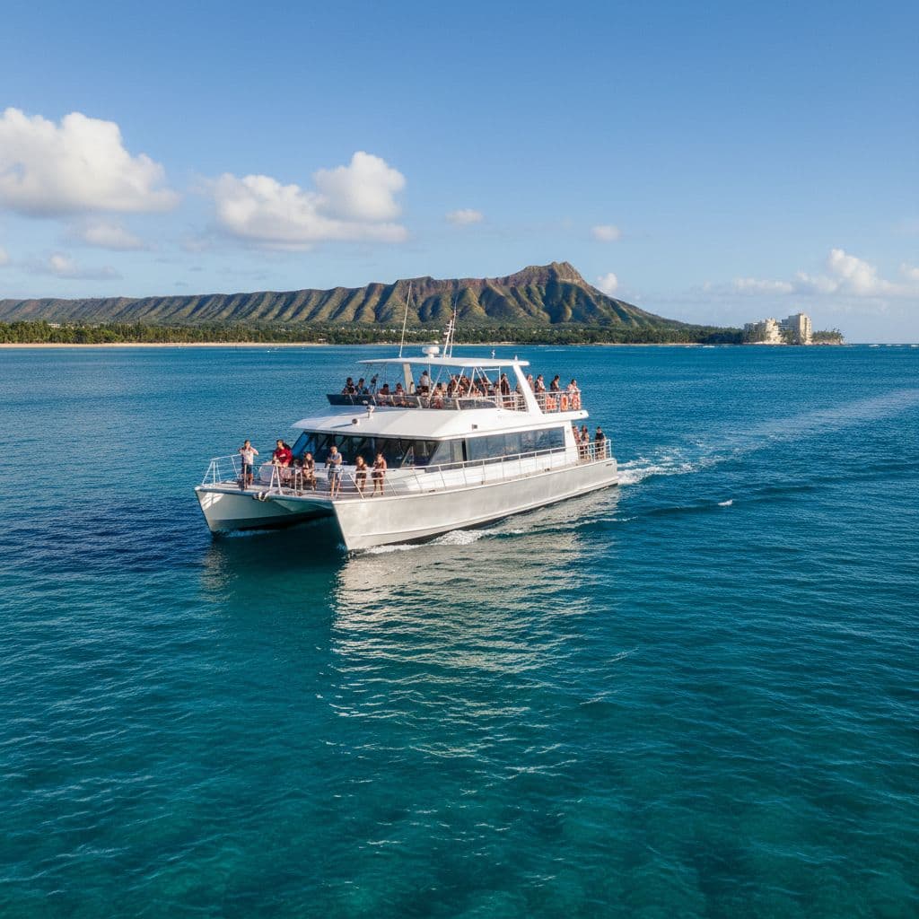 A modern double-decker catamaran sails across clear turquoise waters with Diamond Head in the background.