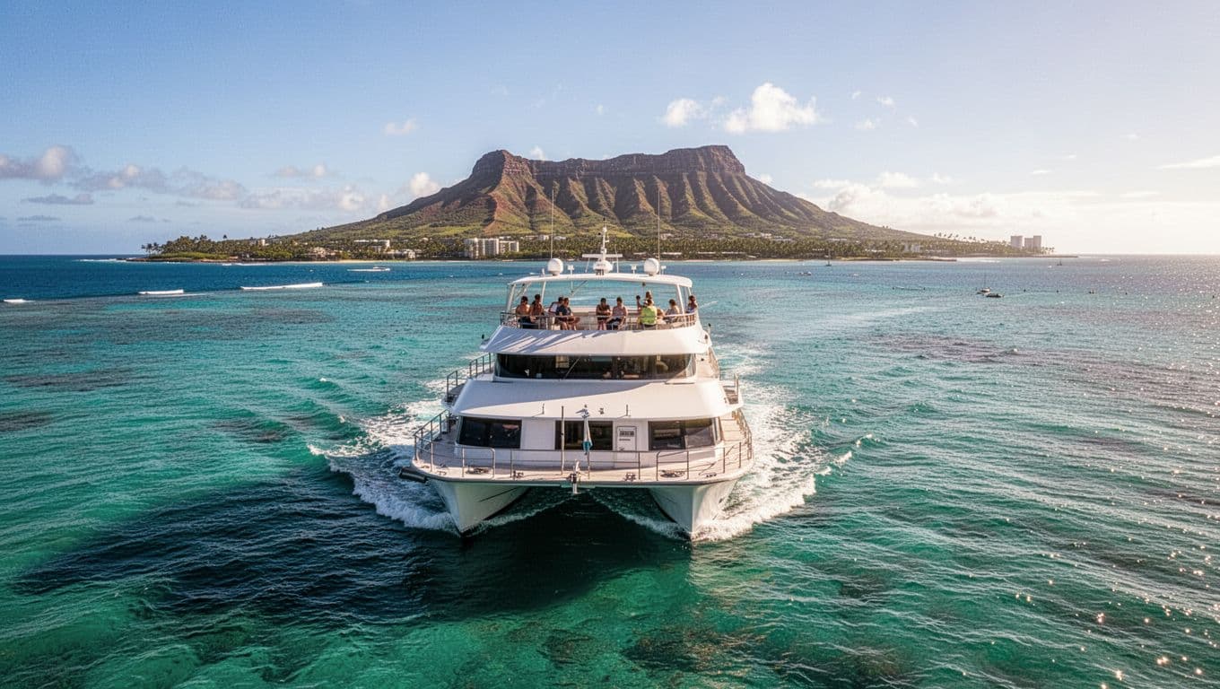 Double-decker catamaran boat leaves Kewalo Basin Harbor near Waikiki toward Turtle Canyon, Diamond Head in distance.