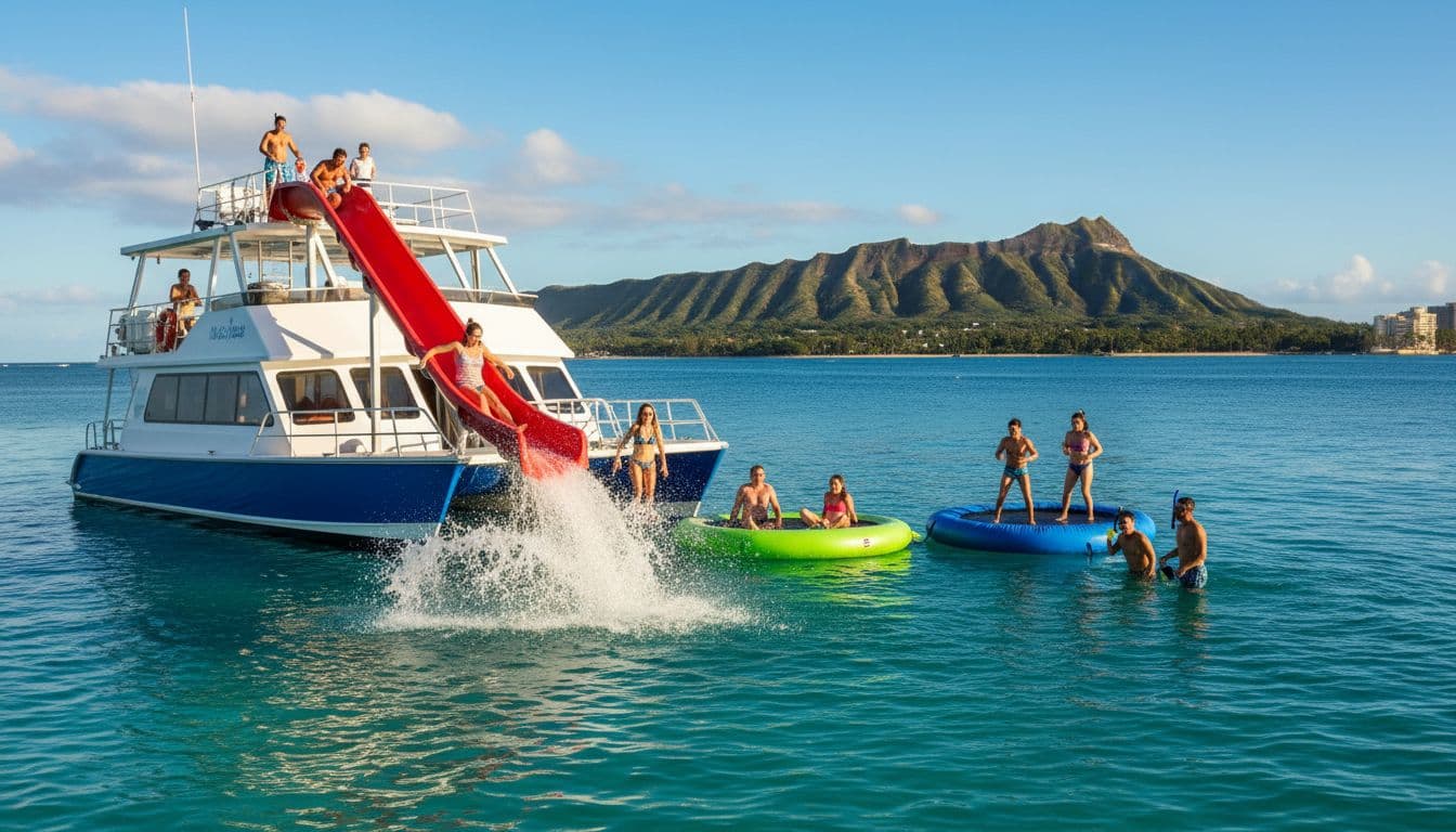 Happy families and couples cruise on a double-decker power catamaran off Waikiki Beach, with one adult sliding down a tall red water slide into turquoise waters while others relax on a lily pad and water trampoline, Diamond Head volcano in the sunny background.