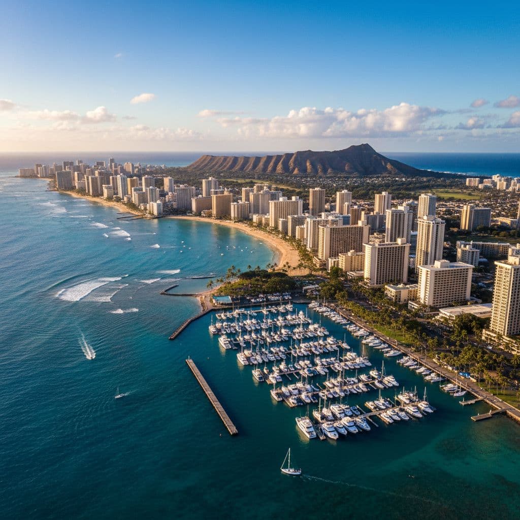 An expansive aerial perspective captures the vibrant blue Waikiki shoreline adjacent to the clustered slips of Kewalo Basin Boat Harbor. Crystal waves lap against the sandy beaches under a bright sky.