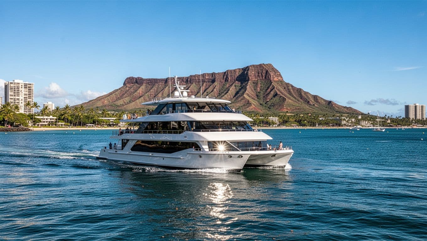 A spacious double-decker vessel glides across turquoise waters near the Waikiki shoreline. The iconic Diamond Head crater rises prominently in the background beneath a vibrant, cloudless summer sky overhead.