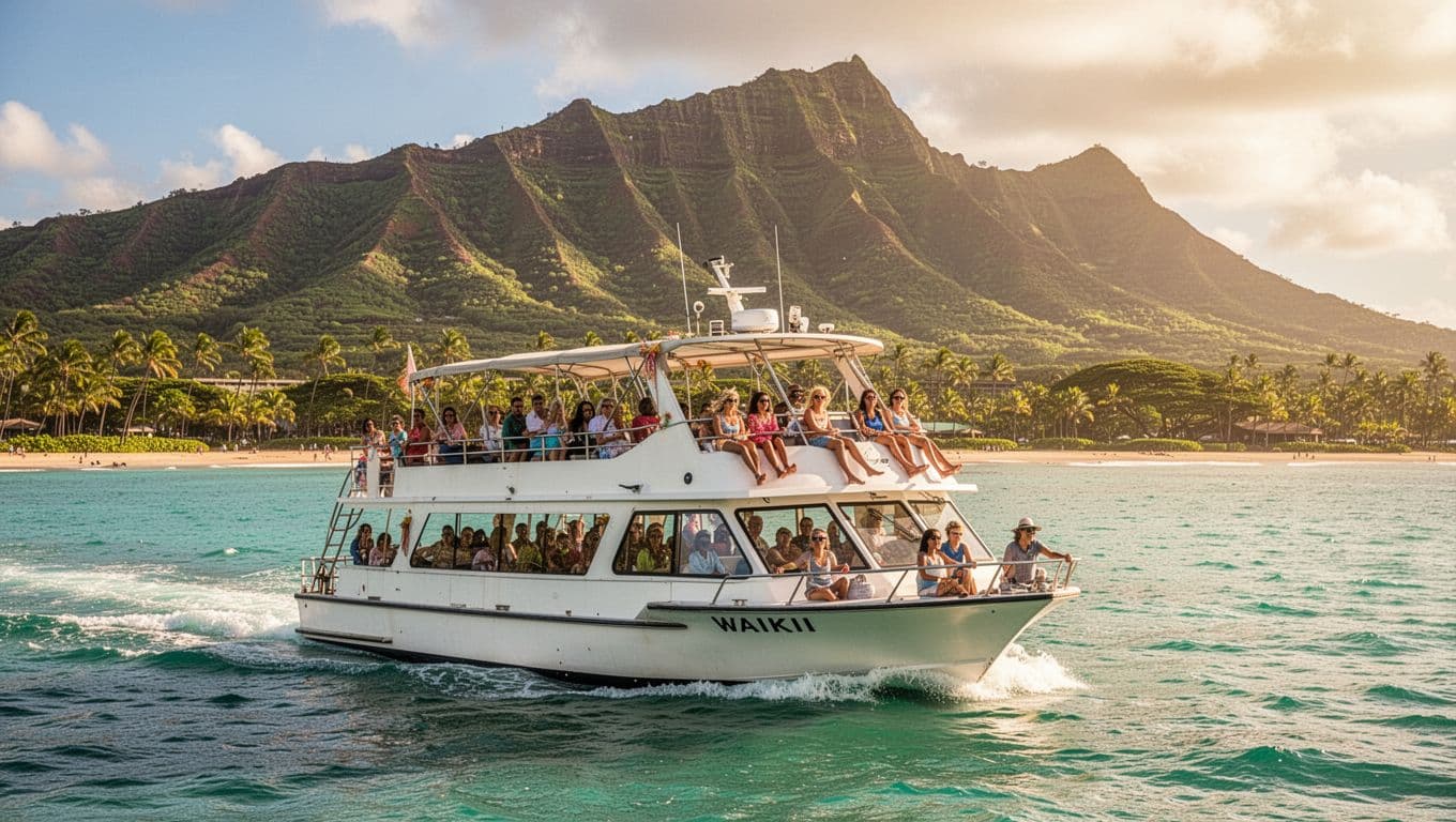 A double-decker boat cruises through clear turquoise waters near the lush volcanic mountains of Oahu. Passengers on the upper deck smile and socialize while enjoying the warm, breezy tropical atmosphere.