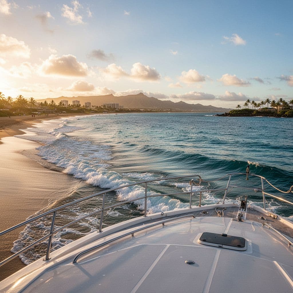 A panoramic ocean view of the Waikiki coastline captured from the peaceful deck of a boat.