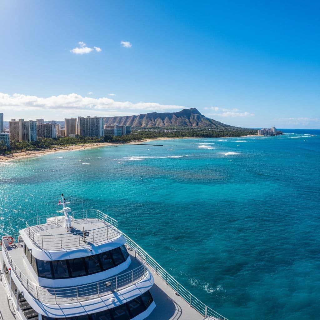An elevated view from a boat deck reveals the turquoise Waikiki waters stretching toward the prominent Diamond Head volcanic crater. Clear blue skies highlight the coastal geography on a bright day.