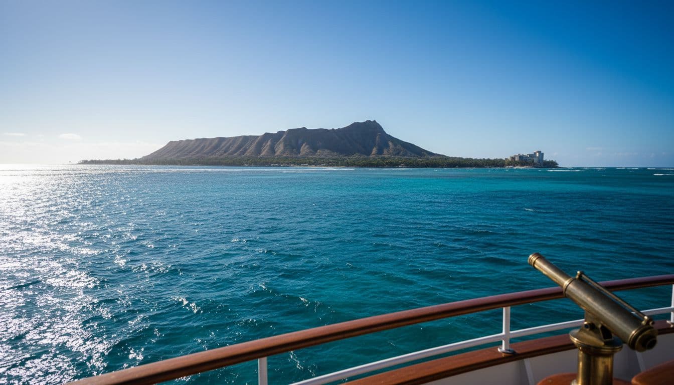A view from a boat deck captures the expansive turquoise ocean under a bright sky. The iconic Diamond Head volcano sits majestically in the distance above the sparkling, deep blue water.