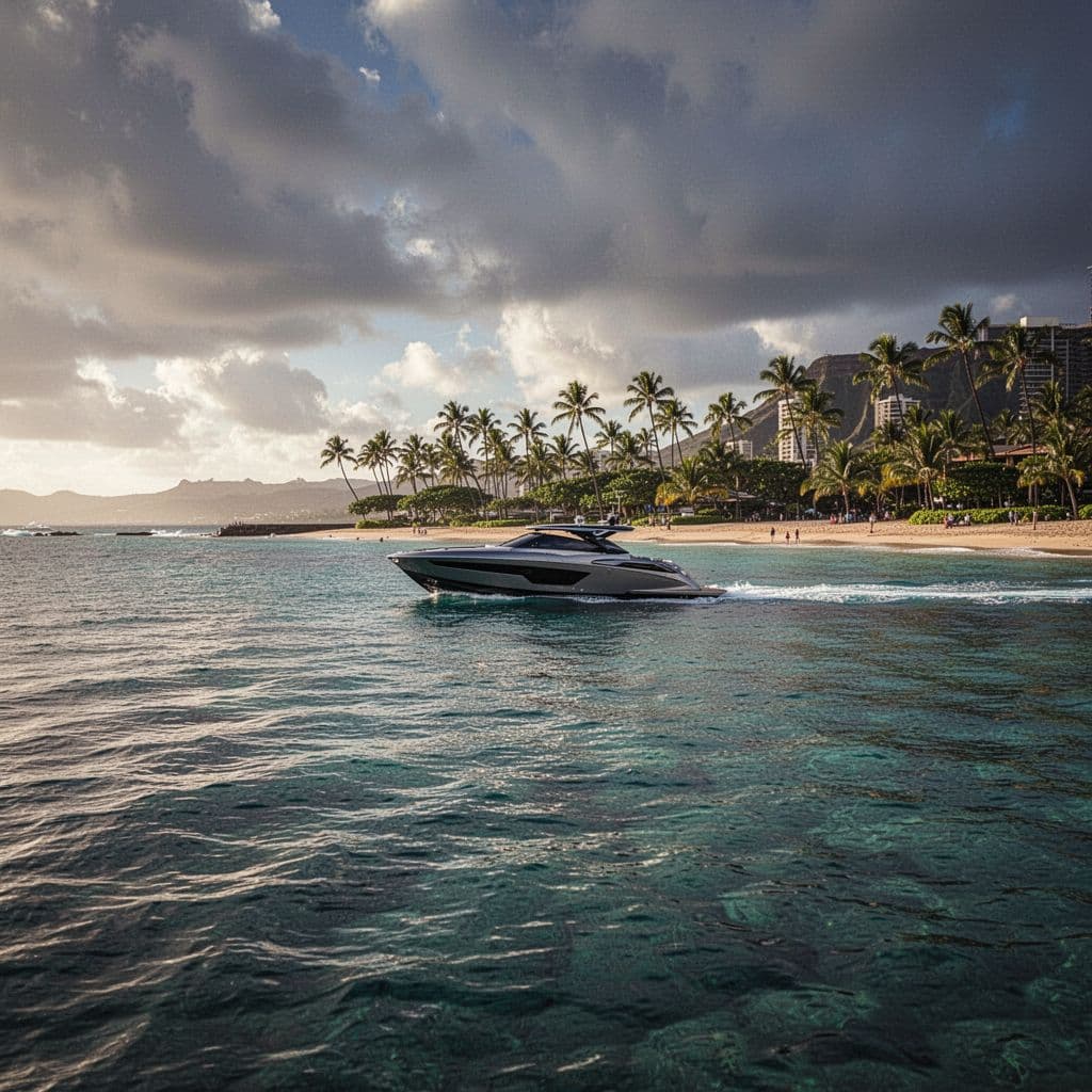 A scenic view of the blue Waikiki coastline featuring a small boat cruising on the open ocean.