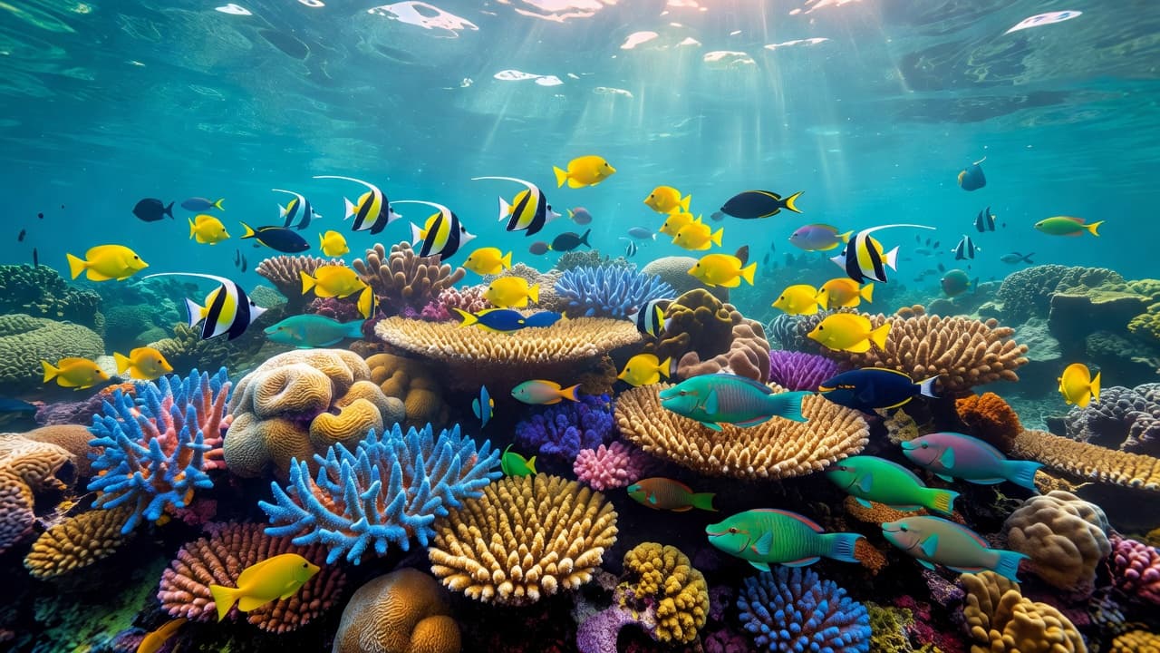 Colorful tropical fish swim above a vibrant coral reef in clear turquoise water off Waikiki.