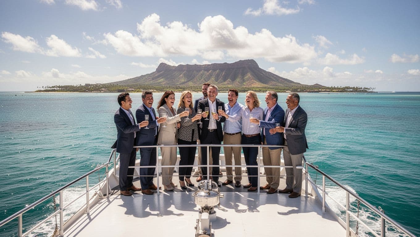 Twelve professionals in business casual clothes laugh and raise glasses in a toast on the upper deck of a double-decker boat sailing calm turquoise waters off Waikiki Beach, Hawaii, with Diamond Head volcano in the background.