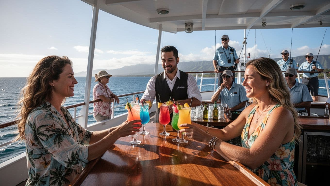 Bartender on upper deck serves colorful cocktails to two customers at cash bar on double-decker boat with ocean horizon.