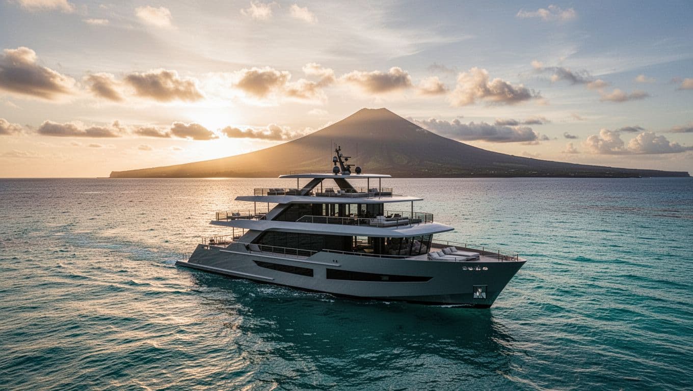 Serene turquoise ocean waters off Waikiki Beach at early morning dawn feature a modern double-decker boat cruising gently with Diamond Head volcano silhouette in the background under soft golden sunlight.
