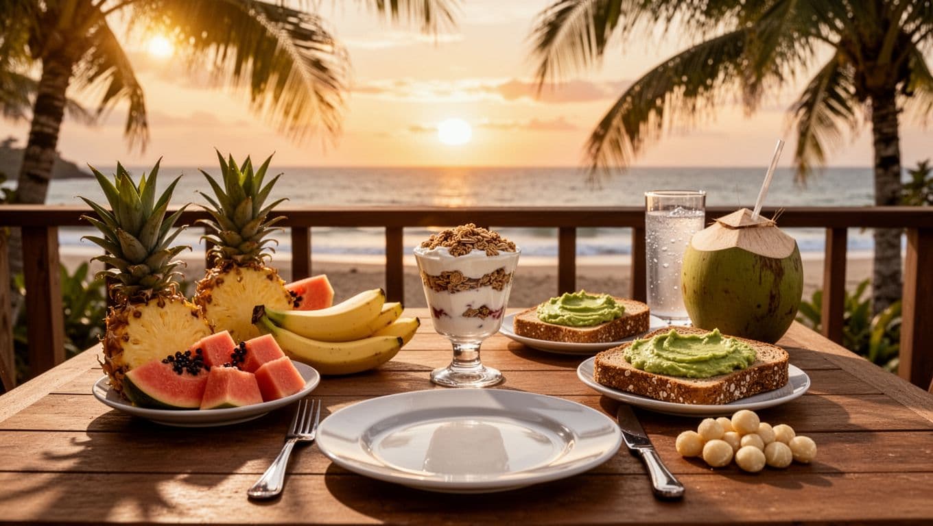 A single place setting of energizing tropical breakfast foods on a wooden lanai table overlooking Waikiki beach at dawn, bathed in golden morning light through palms.