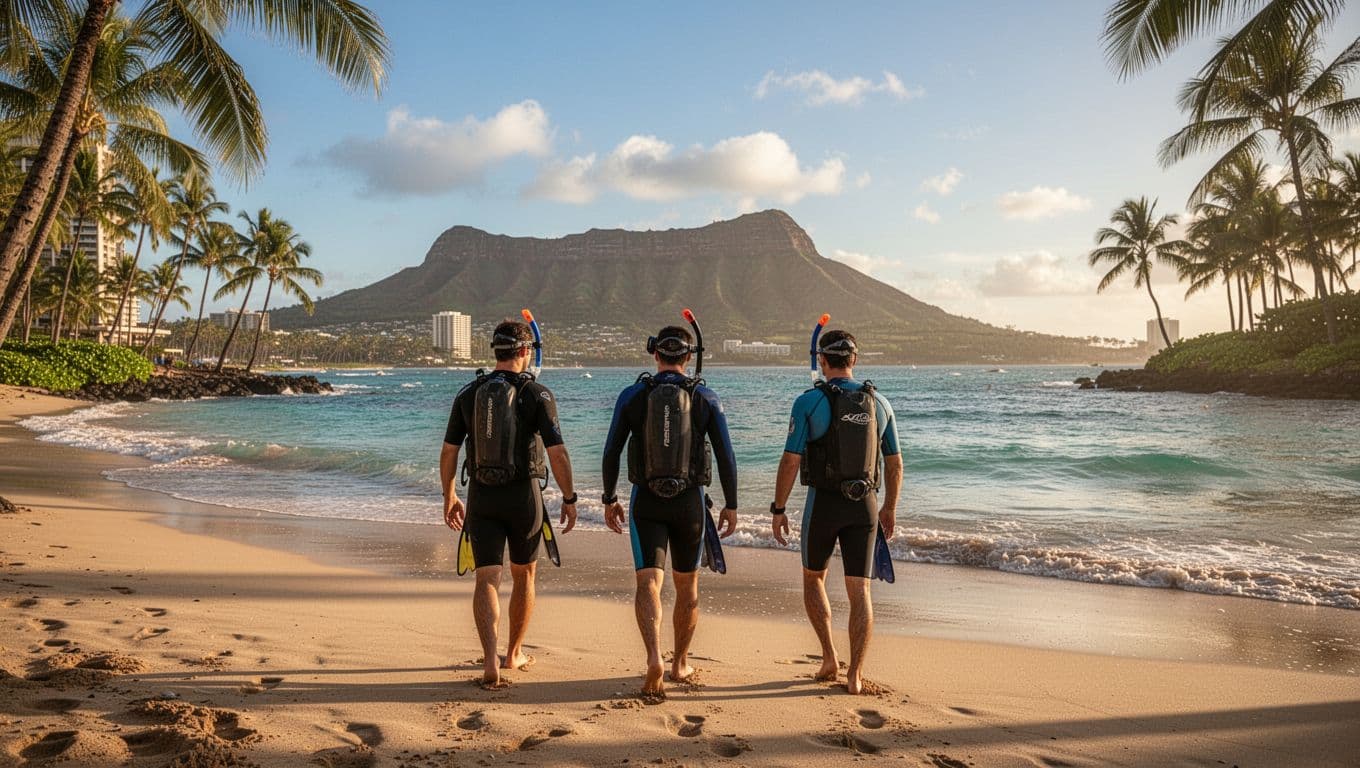 Turquoise ocean at Waikiki beach with palm trees, Diamond Head distant, three snorkelers walking to water.