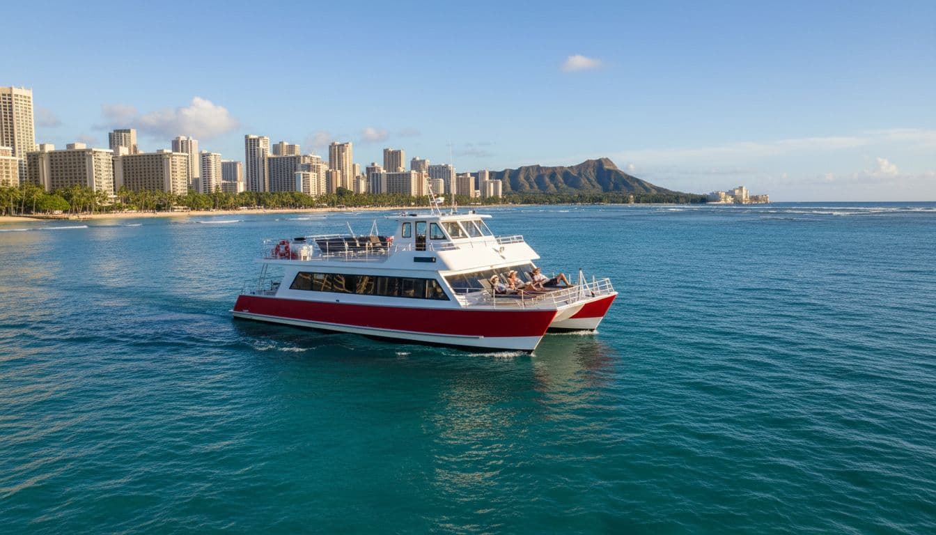 A double-decker boat glides smoothly off Waikiki Beach amid gentle afternoon trade winds and ocean waves, with two relaxed passengers on the open upper deck under bright sun and Honolulu skyline in the background.