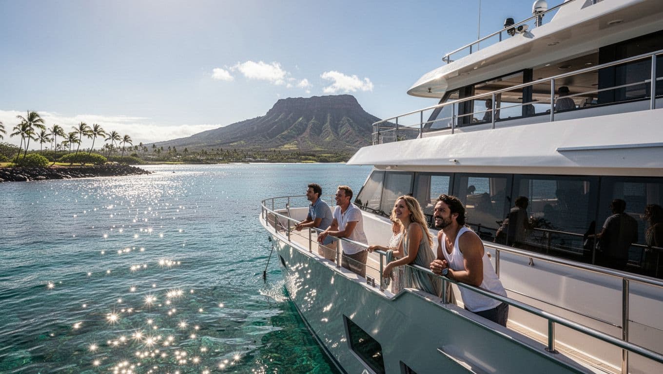 Modern double-decker boat anchored in clear blue water near Waikiki coast, with people on deck viewing Diamond Head.