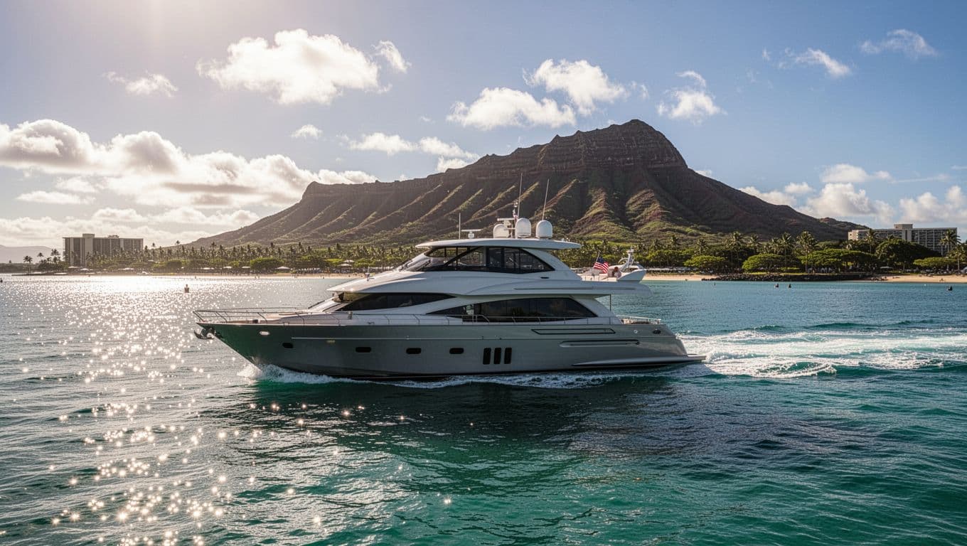 A luxury double-decker boat cruises calm turquoise waters off Waikiki Beach on a Kona wind day, with Diamond Head volcano in the background, under a sunny sky with light clouds.