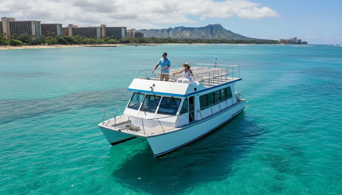 Double-decker boat cruises calm turquoise waters near Waikiki Beach, two passengers relax on open decks.