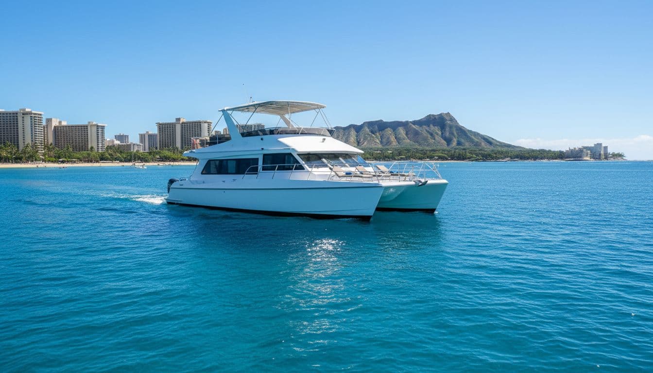 Modern double-decker boat on calm blue water near Waikiki coastline under clear sunny sky.