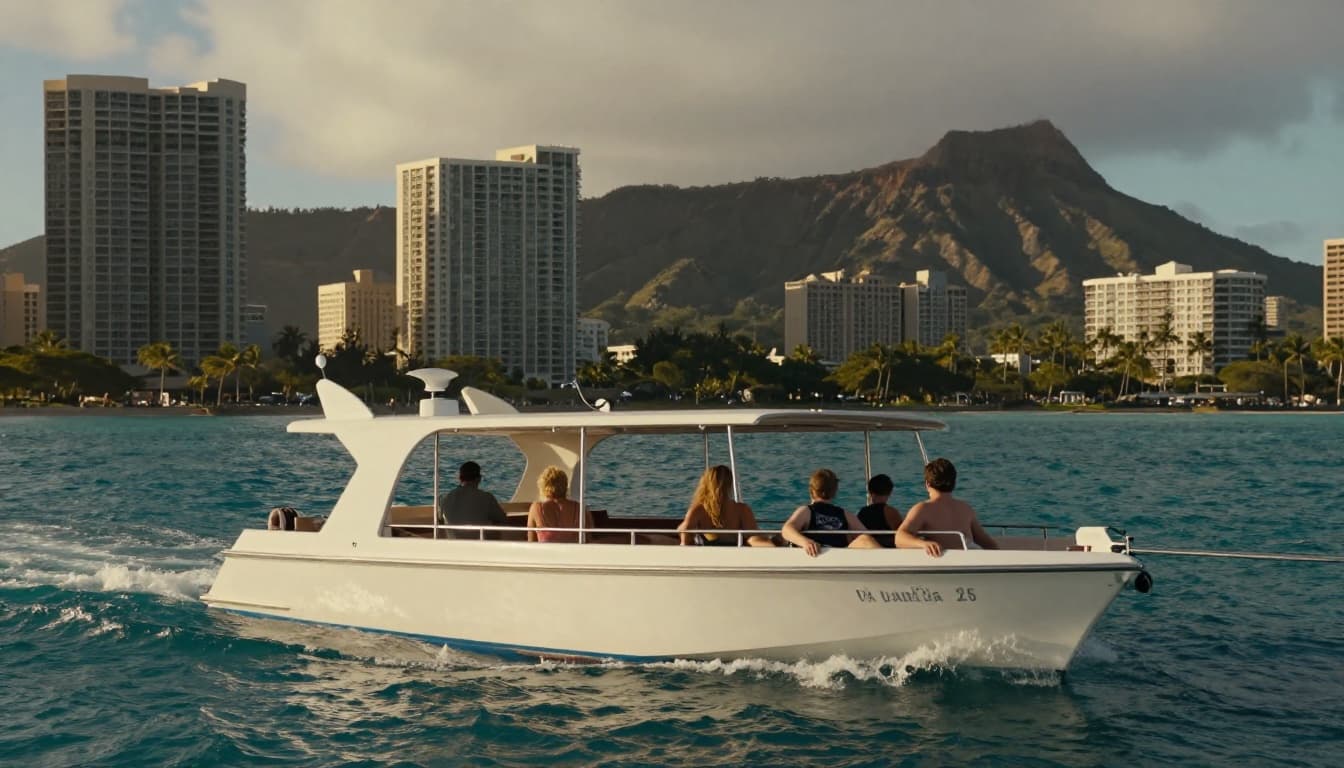 Double-decker powerboat cruising sunny Waikiki coastline toward Diamond Head with turquoise waves and four relaxed passengers on upper deck. Cinematic golden hour lighting evokes transition from Pearl Harbor history to ocean adventure.