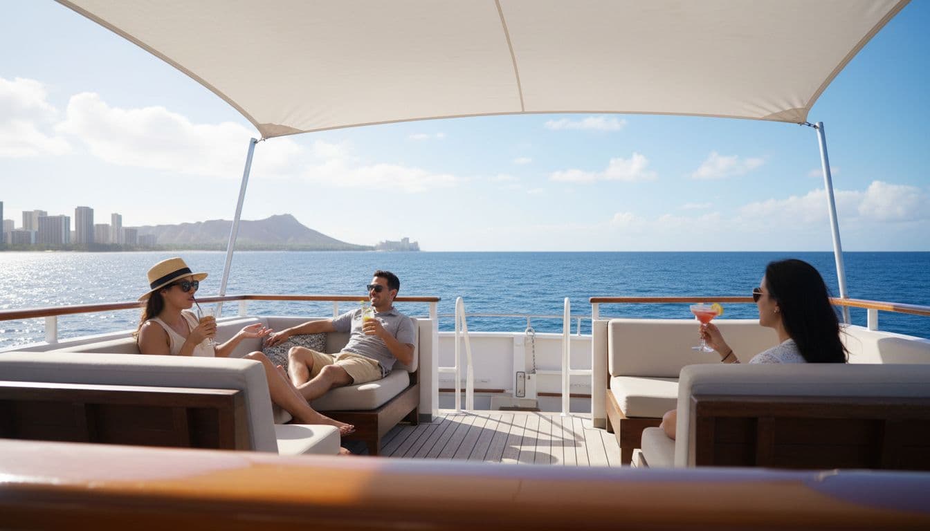 Passengers relax chatting and sipping drinks on a spacious double-decker boat deck with shaded seating and stunning ocean views off the Waikiki coast, amid calm blue waters.