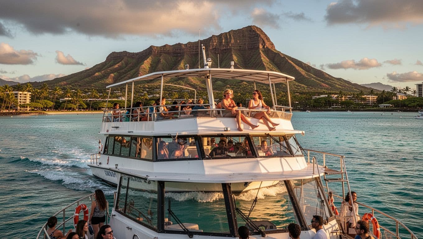 Double-decker boat cruises turquoise waters near Waikiki Beach with Diamond Head backdrop and two relaxed passengers on deck.