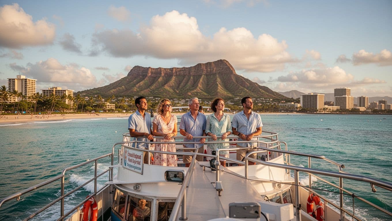 Double-decker tour boat cruises turquoise waters off Waikiki Beach, Diamond Head volcano in background, four relaxed passengers on open deck.