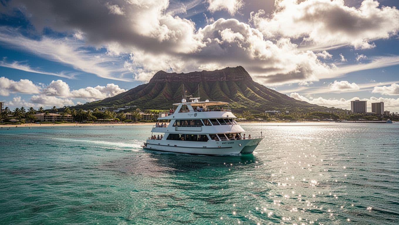 Double-decker boat cruises turquoise waters off Waikiki Beach with Diamond Head volcano in background under sunny sky and dramatic clouds.