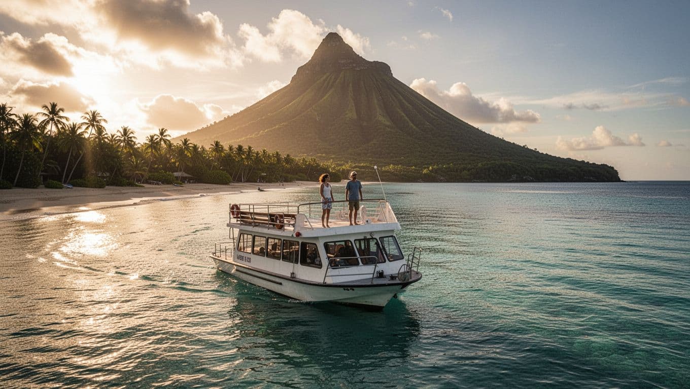 Double-decker boat cruises calm turquoise waters off Waikiki Beach with Diamond Head in background; two passengers relax on upper deck.