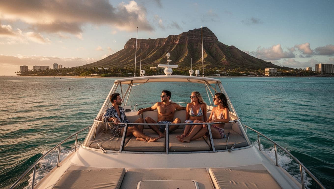 Double-decker boat cruises calm turquoise waters off Waikiki Beach with Diamond Head volcano in the background, passengers relaxing on open deck with panoramic ocean views in cinematic golden hour lighting.