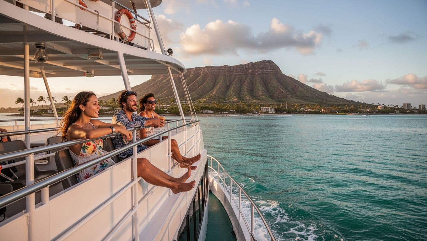 Double-decker boat cruises turquoise waters off Waikiki with Diamond Head backdrop, two relaxed passengers on deck, snorkelers nearby.