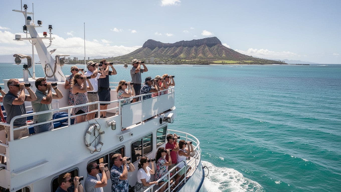 Double-decker tour boat cruises calm turquoise ocean off Waikiki, ten passengers scan horizon with binoculars, Diamond Head in distance.
